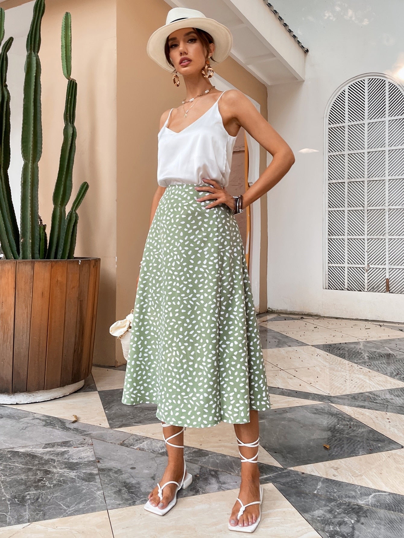 Green Boho Split Thigh Allover Print Women Skirts Elegant Dresses Slit Long Length High Waist With Zipper Slight Stretch