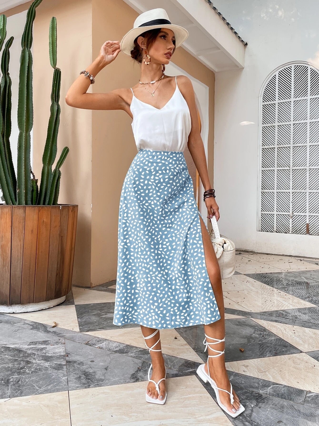 Green Boho Split Thigh Allover Print Women Skirts Elegant Dresses Slit Long Length High Waist With Zipper Slight Stretch Sky Blue