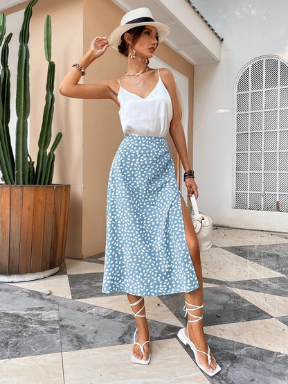 Green Boho Split Thigh Allover Print Women Skirts Elegant Dresses Slit Long Length High Waist With Zipper Slight Stretch Sky Blue