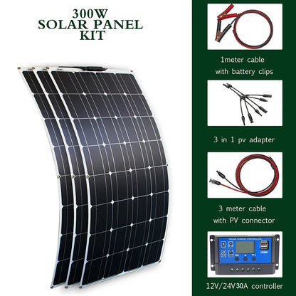 solar panel kit and 300w 200w 100w flexible solar panels 12v 24v high efficiency battery charger module 300w solar system