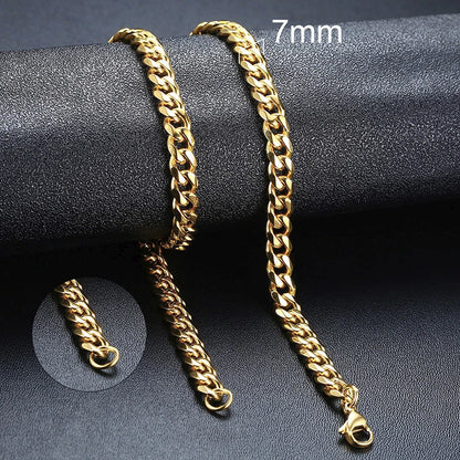 Vnox Cuban Chain Necklace for Men Women, Basic Punk Stainless Steel Curb Link Chain Chokers,Vintage Gold Tone Solid Metal Collar 7mm Gold Cuban