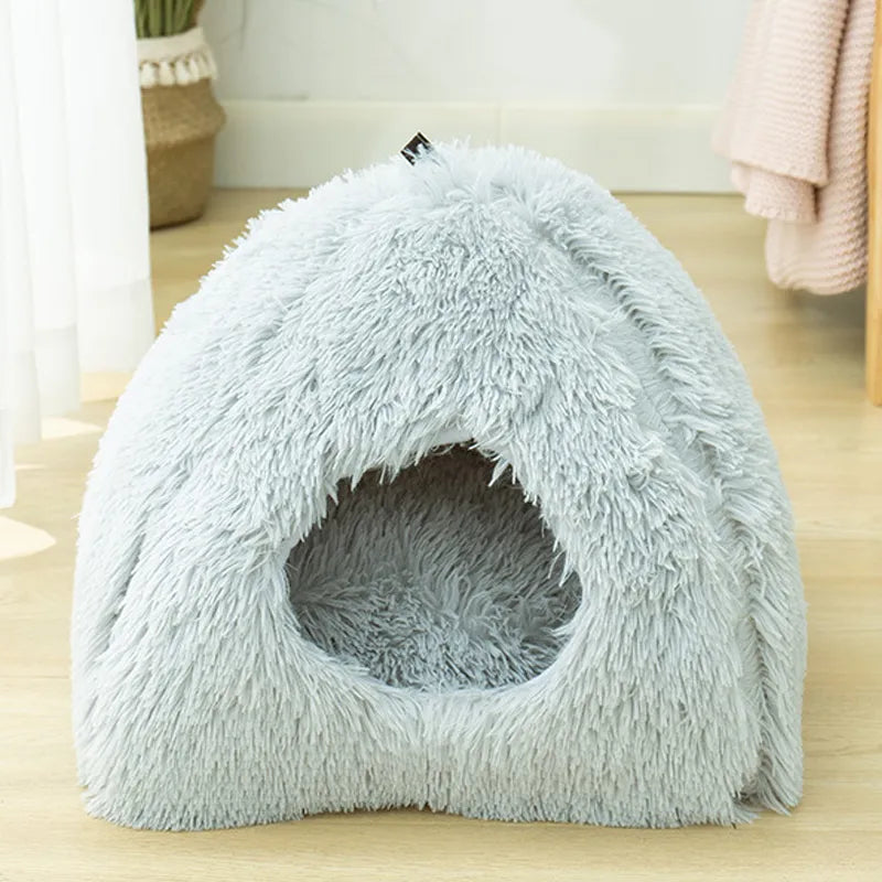 Very Soft Cat Bed Plush Cats House Pet Basket Mat Small Dog Cushion Sofa Lounger Kennel 2 In 1 Kitten Tent House Beds For Cat grey 40X40X37cm