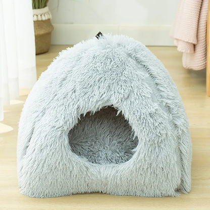 Very Soft Cat Bed Plush Cats House Pet Basket Mat Small Dog Cushion Sofa Lounger Kennel 2 In 1 Kitten Tent House Beds For Cat grey 40X40X37cm