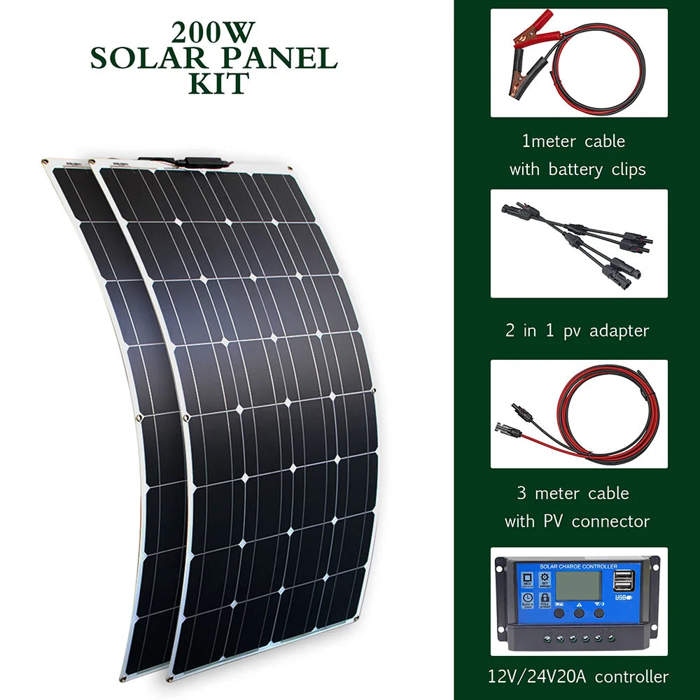 solar panel kit and 300w 200w 100w flexible solar panels 12v 24v high efficiency battery charger module 200w solar system