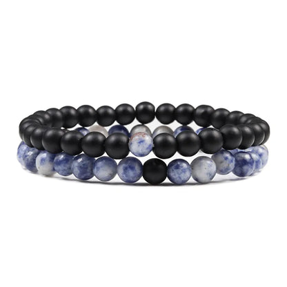 Set Bracelet Couples Distance Black White Natural Lava Stone Tiger Eye Beaded Yoga Bracelets for Men Women Elastic Rope Jewelry 6mm Matte-whiteblue