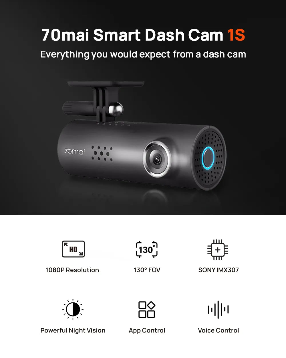 70mai Smart Dash Cam 1S English Voice Control 70 mai Car Camera 1080P 130FOV Wifi 70mai Car DVR Car Recorder Auto Recorder Wifi