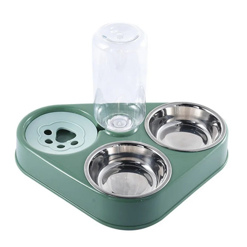 500ML Dog Bowl Cat Feeder Bowl With Dog Water Bottle Automatic Drinking Pet Bowl Cat Food Bowl Pet Stainless Steel Double 3 Bowl 3 in 1 Green