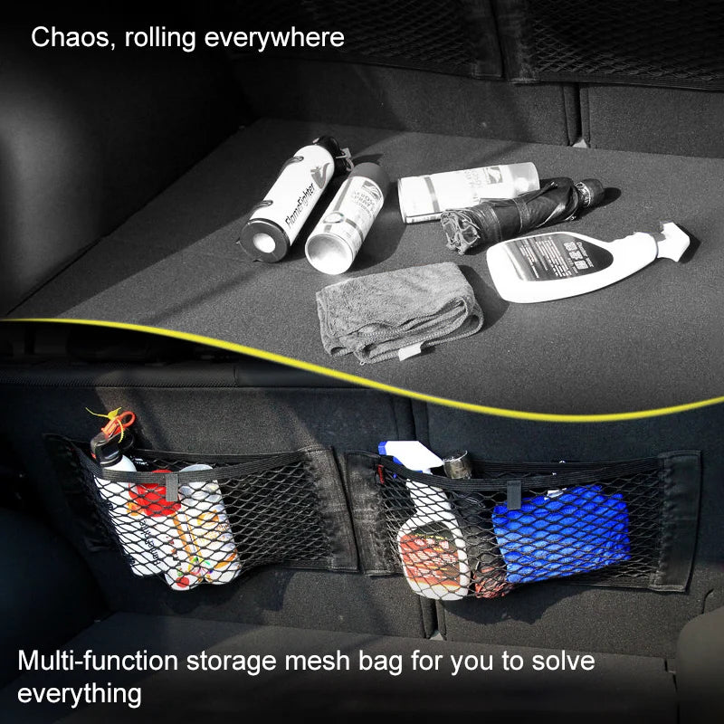 Car Back Rear Trunk Organizer Net Mesh Seat Elastic String Magic Sticker Universal Storage Bag Pocket Auto Organizer