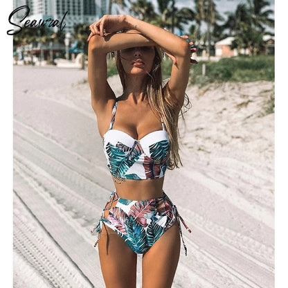 High Waist Bikini Set Push Up Bandage Bikini Swimwear Women Floral Two Pieces Swimsuit Strappy biquinitraje de baño