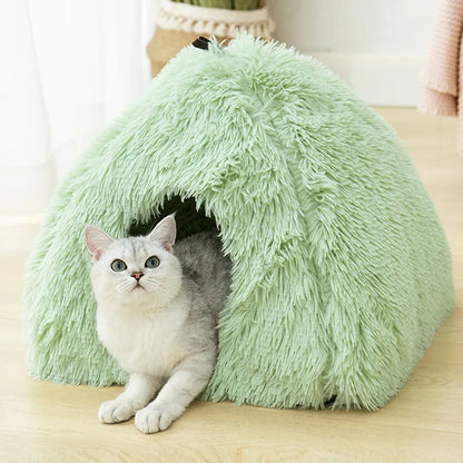 Very Soft Cat Bed Plush Cats House Pet Basket Mat Small Dog Cushion Sofa Lounger Kennel 2 In 1 Kitten Tent House Beds For Cat green 40X40X37cm