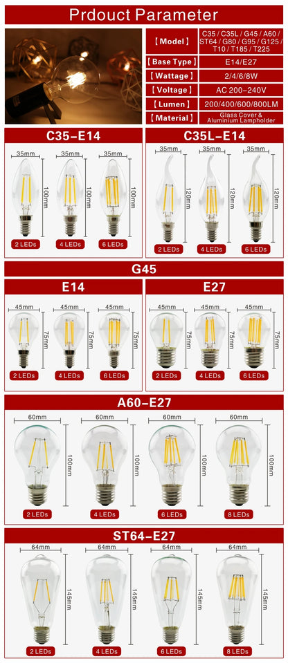 2pcs E27 E14 Retro Edison LED Filament Bulb Lamp AC220V Light Bulb C35 G45 A60 ST64 G80 G95 G125 Glass Bulb Vintage Candle Light