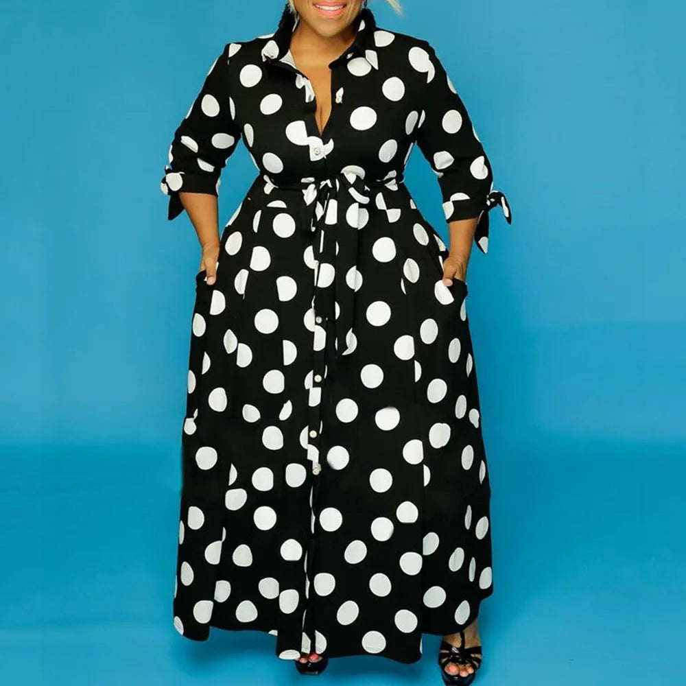 CM.YAYA Autumn Dot Print Button Up Plus Size XL-5XL Women Blousers Maxi Dress Vestidos Streetwear Long Dresses Vestidos