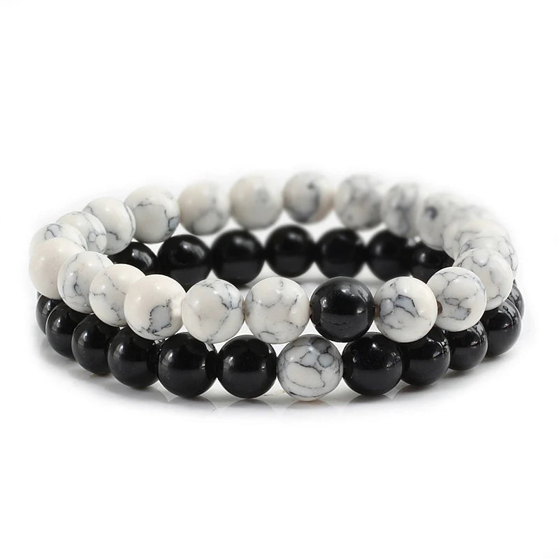 Set Bracelet Couples Distance Black White Natural Lava Stone Tiger Eye Beaded Yoga Bracelets for Men Women Elastic Rope Jewelry 8mm Light-white