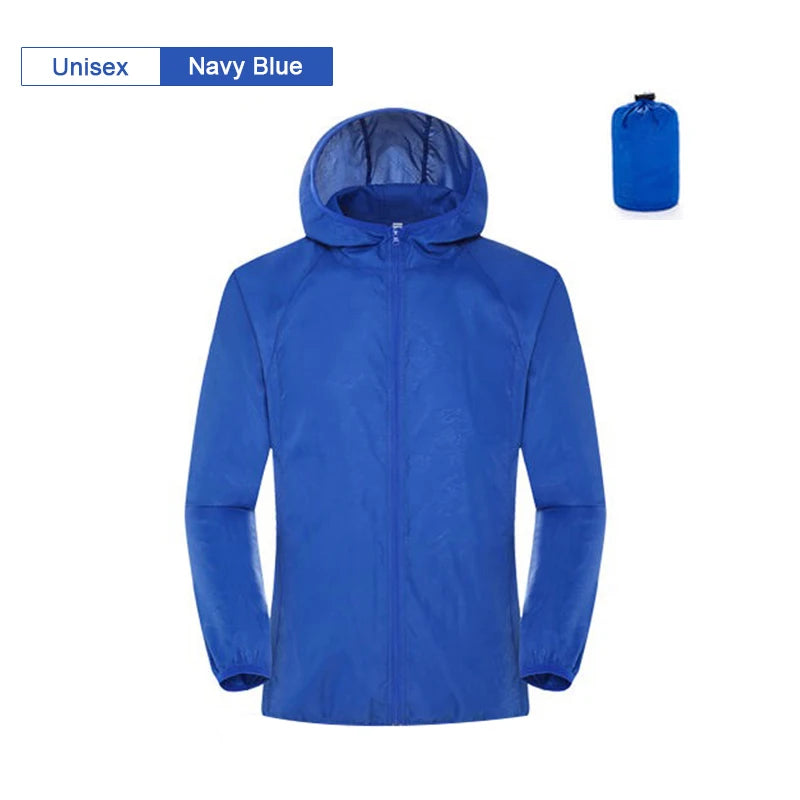 Camping Rain Jacket Men Women Waterproof Sun Protection Clothing Fishing Hunting Clothes Quick Dry Skin Windbreaker With Pocket Unisex-Navy Blue