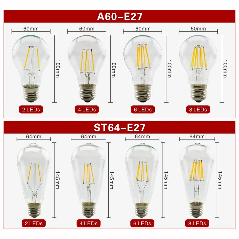 2pcs E27 E14 Retro Edison LED Filament Bulb Lamp AC220V Light Bulb C35 G45 A60 ST64 G80 G95 G125 Glass Bulb Vintage Candle Light