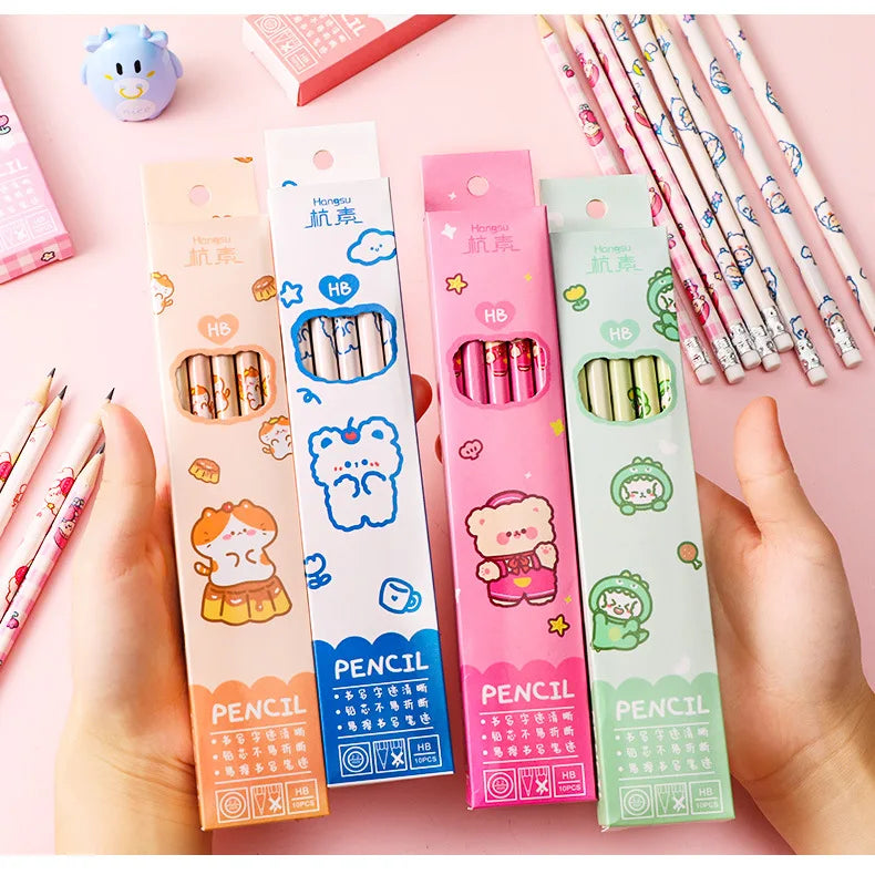 10 Pcs/Set Cartoon HB Standard Sketch Pencil Set Wooden Pencil Lot Cartoon Art Supplies Stationery Gift for Student Kids School