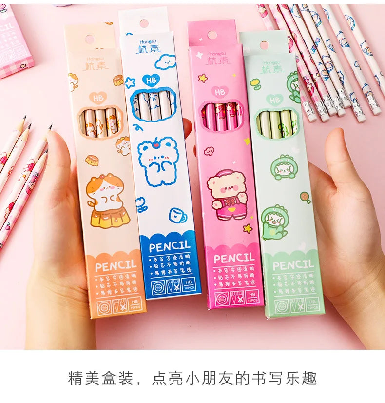 10 Pcs/Set Cartoon HB Standard Sketch Pencil Set Wooden Pencil Lot Cartoon Art Supplies Stationery Gift for Student Kids School