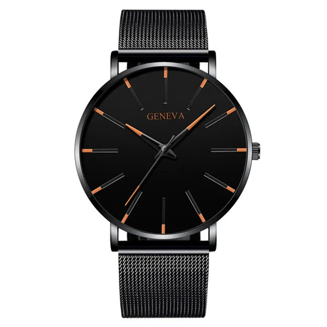 2023 Minimalist Men&#39;s Fashion Ultra Thin Watches Simple Men Business Stainless Steel Mesh Belt Quartz Watch relogio masculino Mesh Black Orange