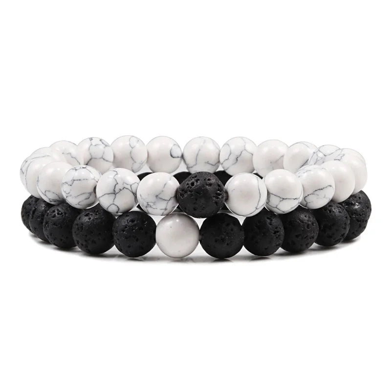 Set Bracelet Couples Distance Black White Natural Lava Stone Tiger Eye Beaded Yoga Bracelets for Men Women Elastic Rope Jewelry 8mm white black