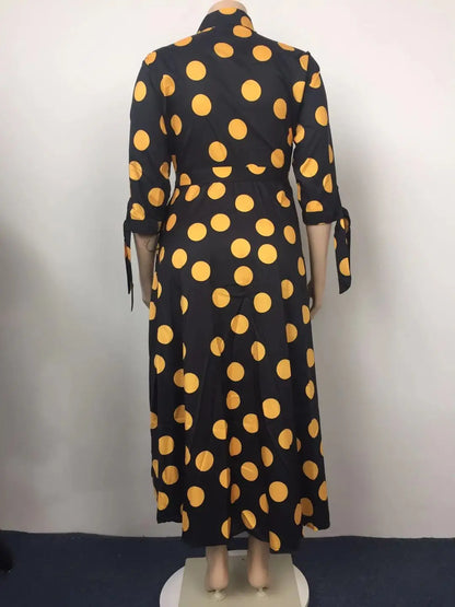 CM.YAYA Autumn Dot Print Button Up Plus Size XL-5XL Women Blousers Maxi Dress Vestidos Streetwear Long Dresses Vestidos