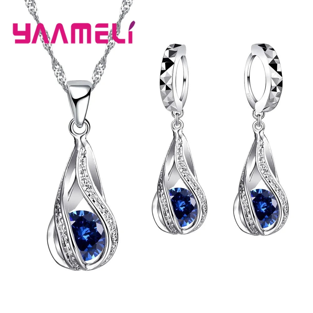 Hot Water Drop CZ 925 Sterling Silver Plated Jewelry Set For Women Pendant Necklace Hoop Earrings Wedding Party Ceremoey Anel Blue