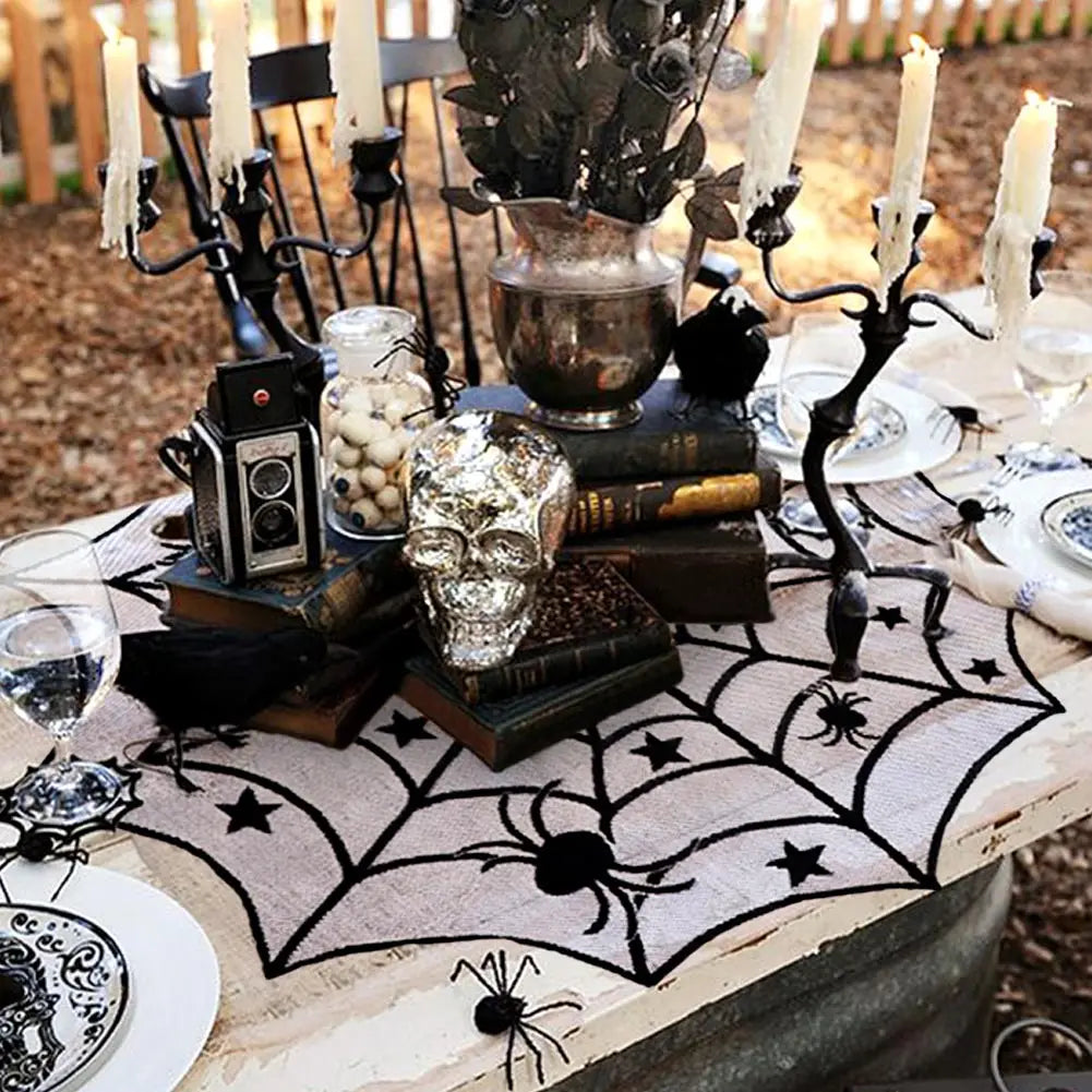 Ourwarm Halloween Party Black Lace Spiderweb Table Cloth 100cm Table Covers Window Hanging Horror Halloween Party Decoration