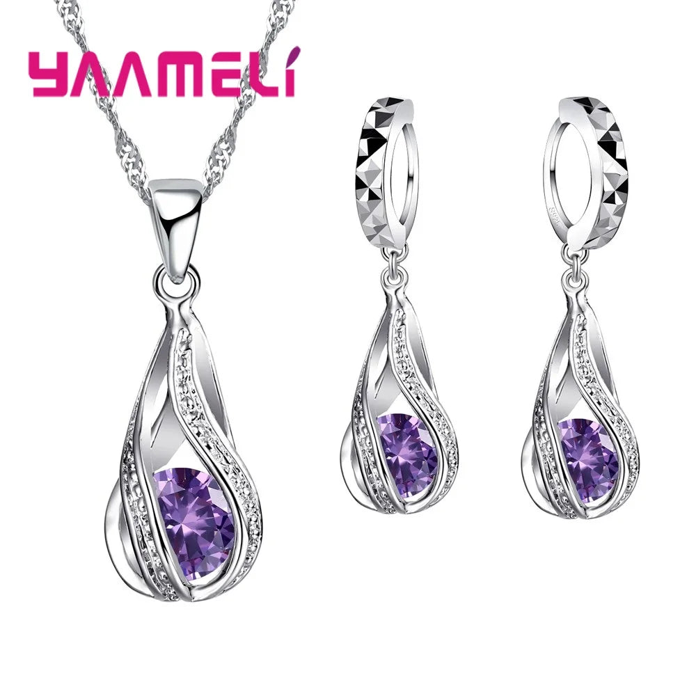 Hot Water Drop CZ 925 Sterling Silver Plated Jewelry Set For Women Pendant Necklace Hoop Earrings Wedding Party Ceremoey Anel Purple