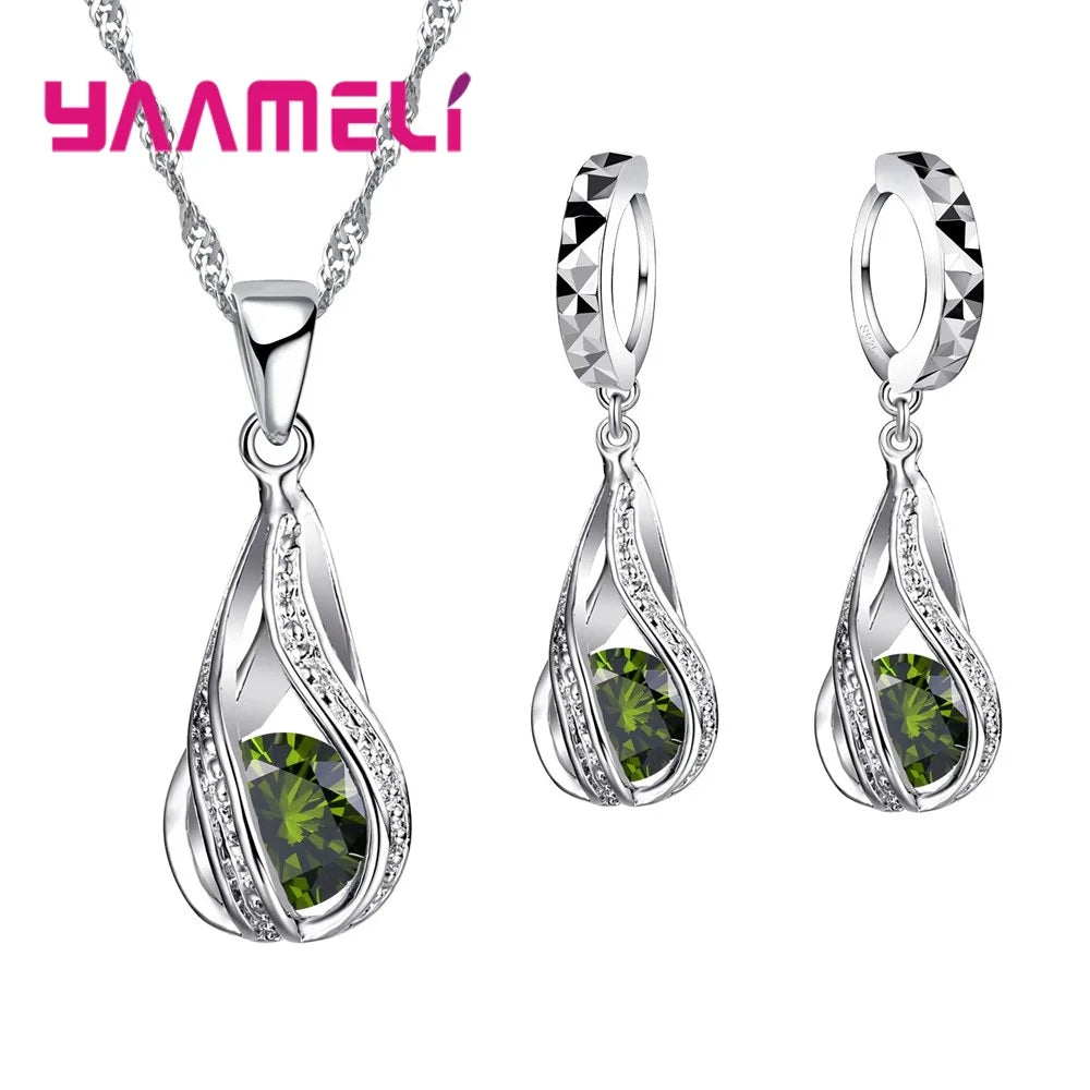 Hot Water Drop CZ 925 Sterling Silver Plated Jewelry Set For Women Pendant Necklace Hoop Earrings Wedding Party Ceremoey Anel Green