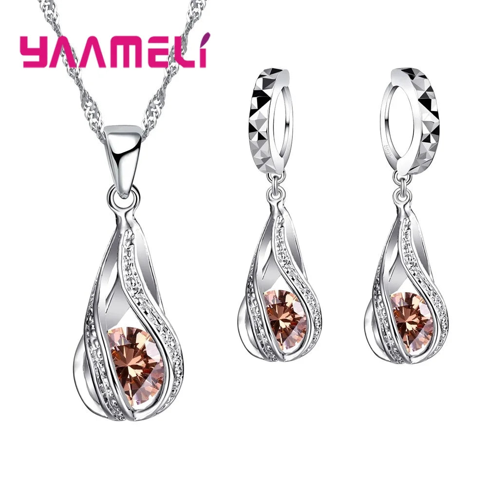 Hot Water Drop CZ 925 Sterling Silver Plated Jewelry Set For Women Pendant Necklace Hoop Earrings Wedding Party Ceremoey Anel Champagne