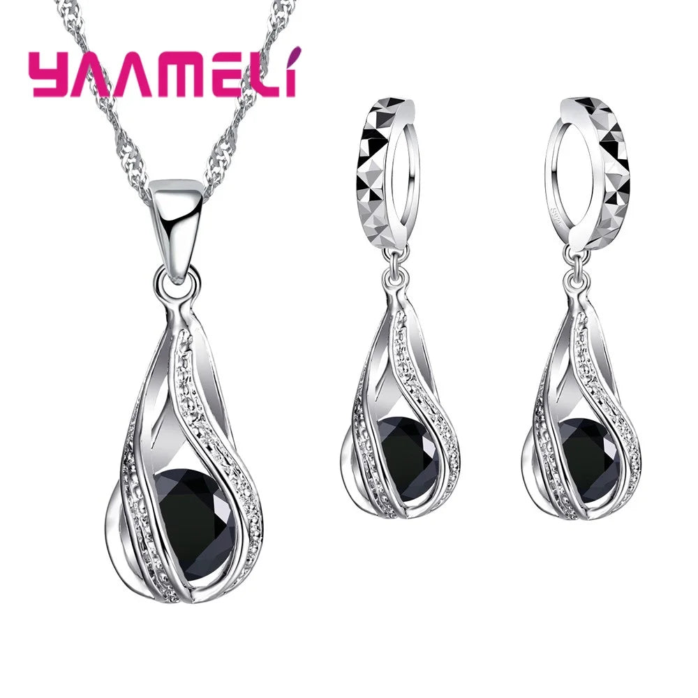 Hot Water Drop CZ 925 Sterling Silver Plated Jewelry Set For Women Pendant Necklace Hoop Earrings Wedding Party Ceremoey Anel Black