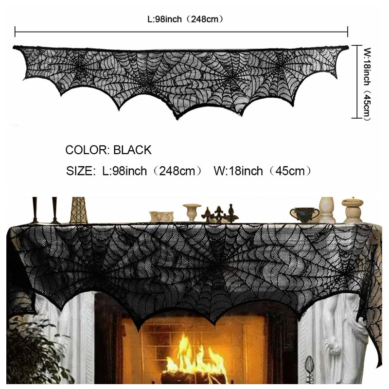 Ourwarm Halloween Party Black Lace Spiderweb Fireplace Mantle Scarf Table Cloth Horror Props Halloween Party Favor Decoration 1pc Fireplace China