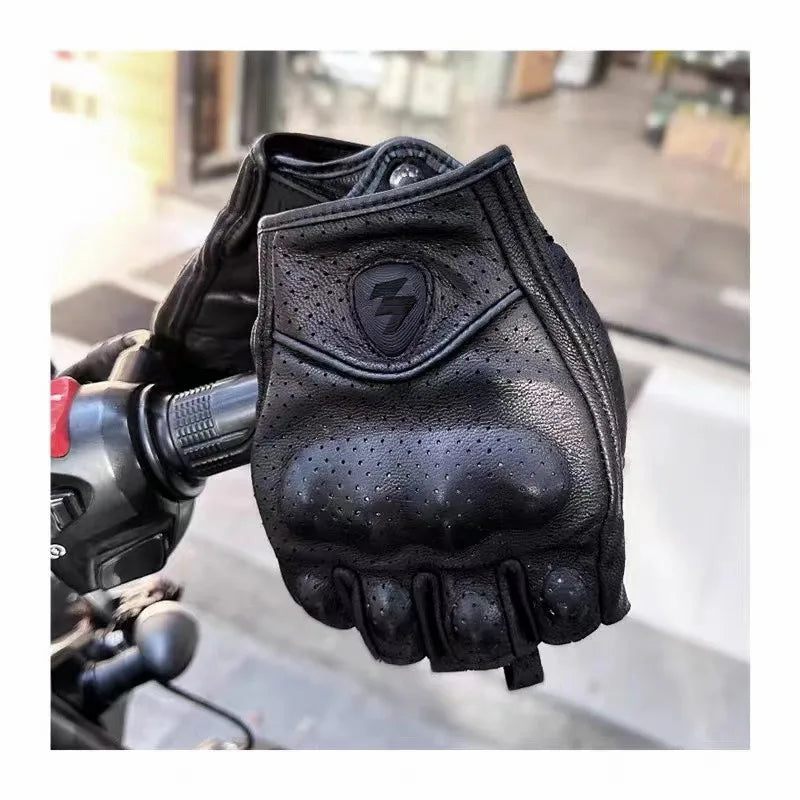 Half Finger Motorcycle Gloves Leather Guantes Moto Guantes Moto Motorcycle Fingerless Gloves Leather Moto Cycling Biker Racing