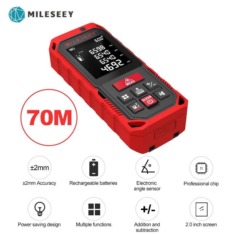 Mileseey Laser Distance Meter Electronic Roulette Laser Digital Tape Rangefinder Trena Metro Laser Range Finder Measuring Tape S2-Red-70M