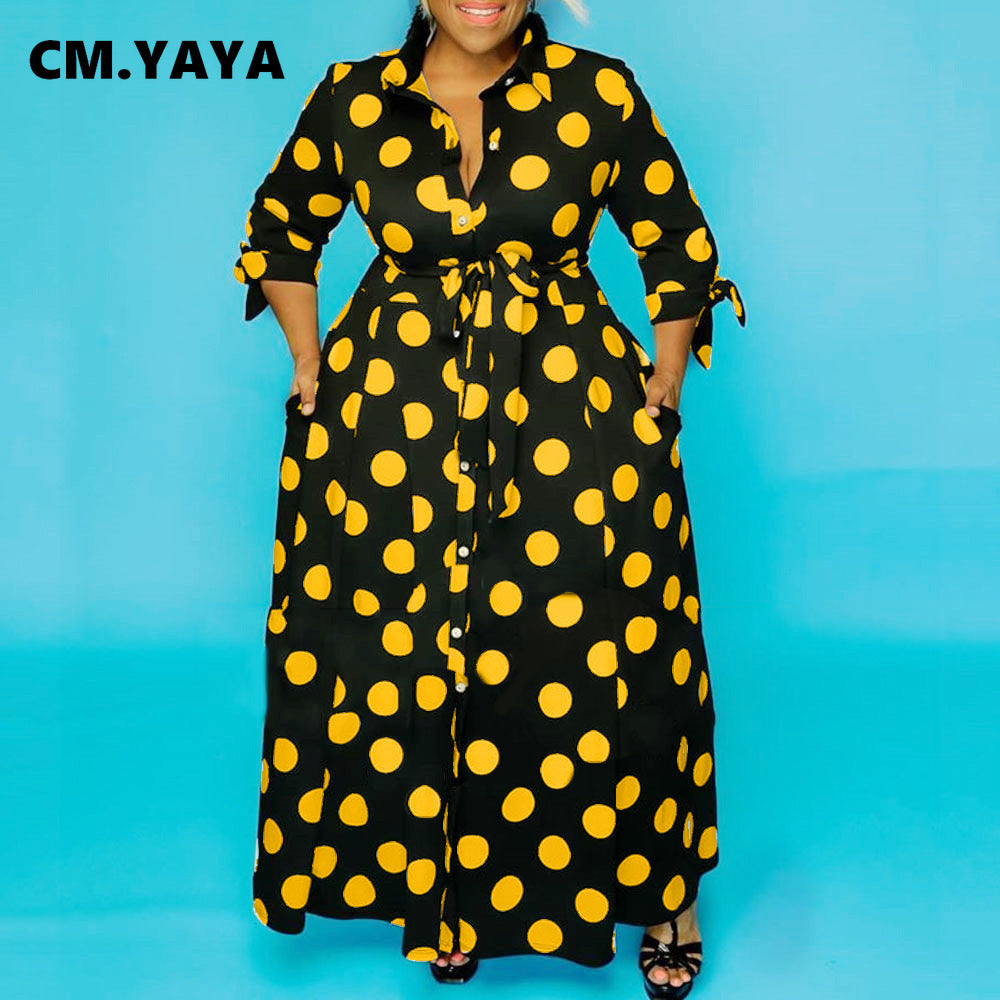 CM.YAYA Autumn Dot Print Button Up Plus Size XL-5XL Women Blousers Maxi Dress Vestidos Streetwear Long Dresses Vestidos