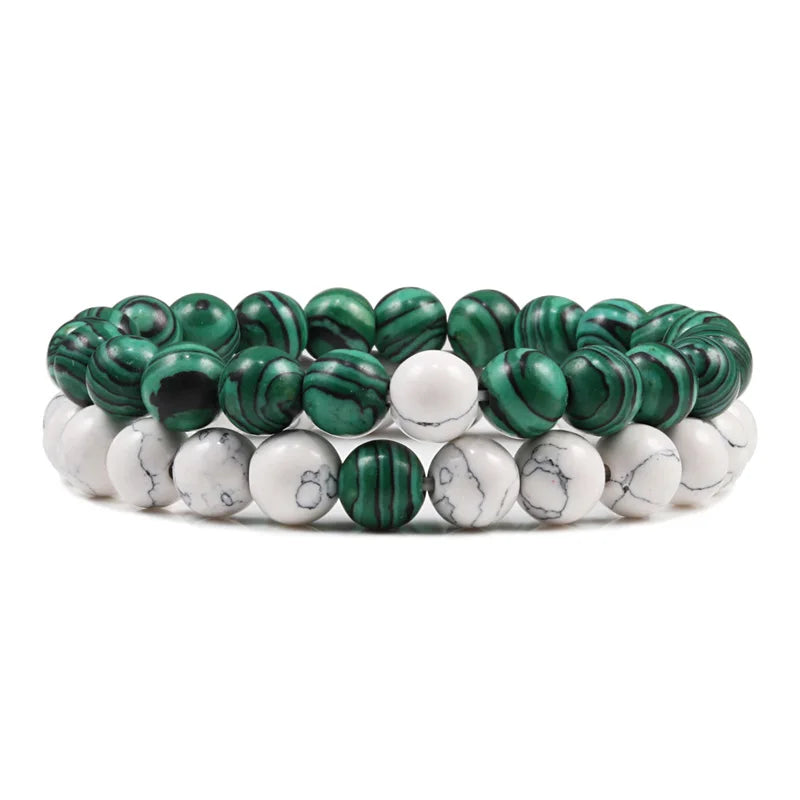 Set Bracelet Couples Distance Black White Natural Lava Stone Tiger Eye Beaded Yoga Bracelets for Men Women Elastic Rope Jewelry 8mm white malachite