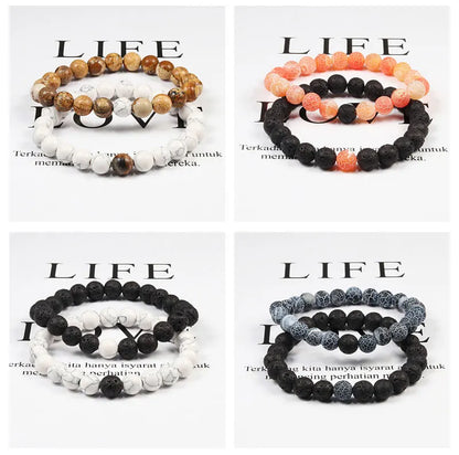 Set Bracelet Couples Distance Black White Natural Lava Stone Tiger Eye Beaded Yoga Bracelets for Men Women Elastic Rope Jewelry