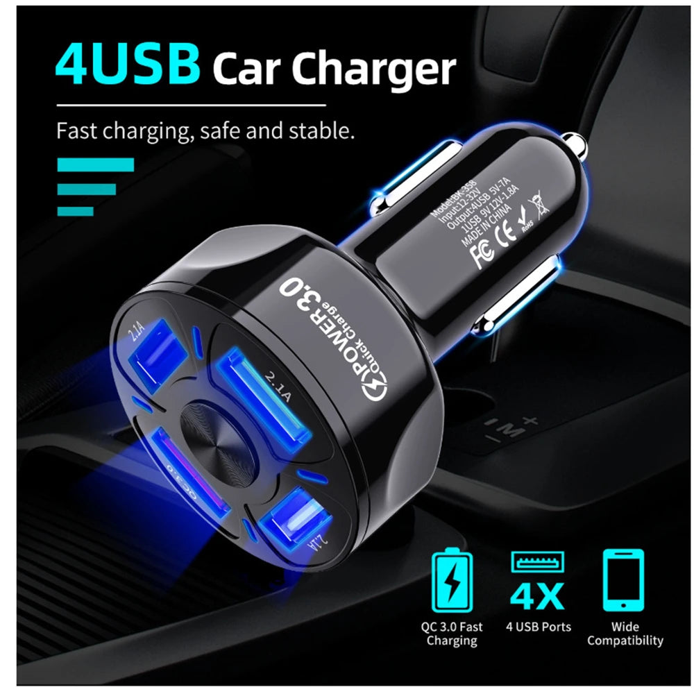 USLION 4 Ports USB Car Charge 48W Quick 7A Mini Fast Charging For iPhone 11 Xiaomi Huawei Mobile Phone Charger Adapter in Car