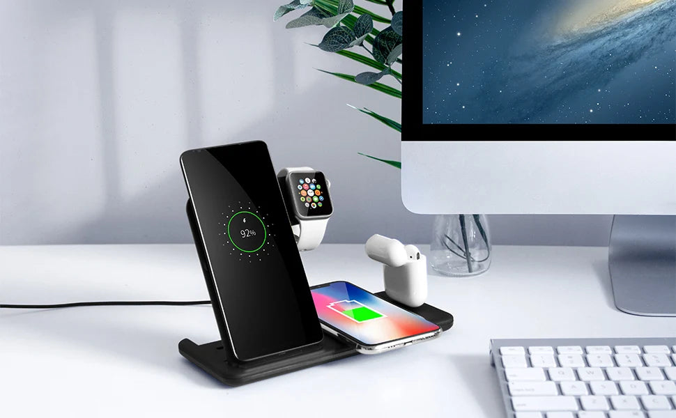 15W Fast Wireless Charger Stand For iPhone 14 13 12 11 8 Apple Watch 4 in 1 Foldable Charging Station for Airpods Pro iWatch