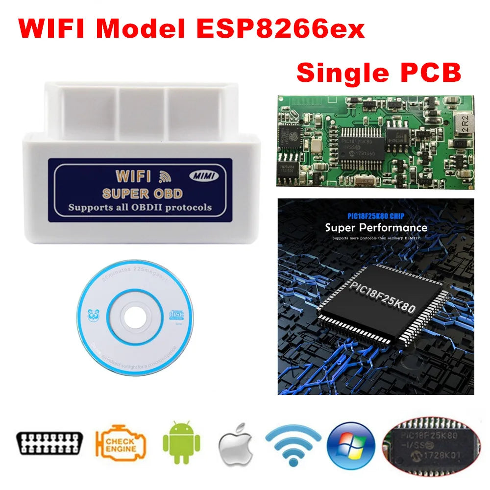 Newest ELM327 V1.5 PIC18F25K80 ELM327 OBD2 Scanner ELM 327 Bluetooth-compatible Android/PC ELM 327 OBD2 Adapter ELM327 V1.5 WIFI White CHINA