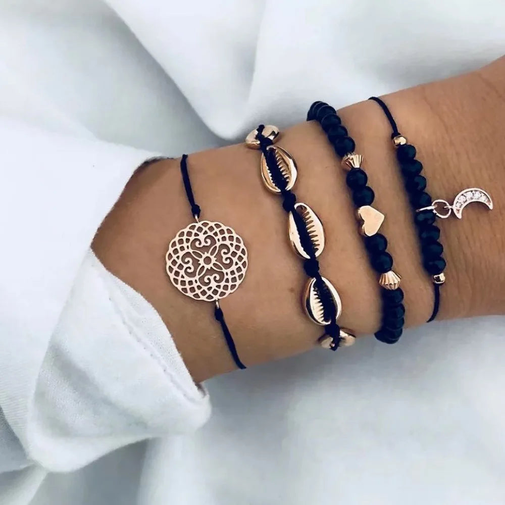 New Bohemian Black Rope Chain Bracelet Set For Women aircraft Shell Moon Heart crystal Charm Bangle Boho Jewelry 35