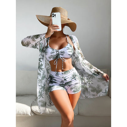 High Waist Bikinis 2023 Sexy 3 Piece Bikini Set Cover Up Swimsuit for Women Long Sleeve Push Up Swimwear Beach Wear Bathing Suit White