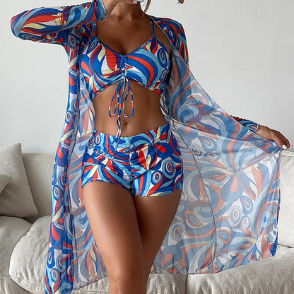 High Waist Bikinis 2023 Sexy 3 Piece Bikini Set Cover Up Swimsuit for Women Long Sleeve Push Up Swimwear Beach Wear Bathing Suit Blue