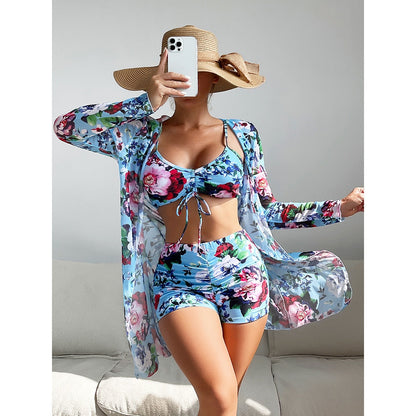 High Waist Bikinis 2023 Sexy 3 Piece Bikini Set Cover Up Swimsuit for Women Long Sleeve Push Up Swimwear Beach Wear Bathing Suit Blue Floral