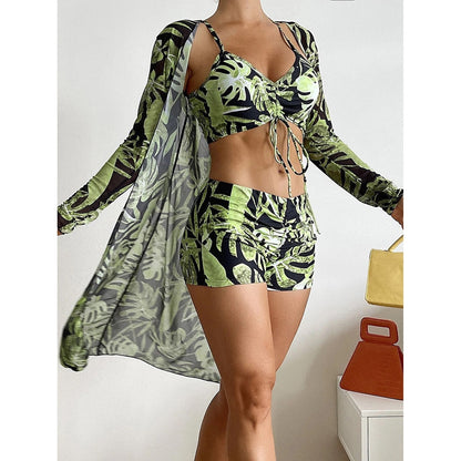 High Waist Bikinis 2023 Sexy 3 Piece Bikini Set Cover Up Swimsuit for Women Long Sleeve Push Up Swimwear Beach Wear Bathing Suit Black Green
