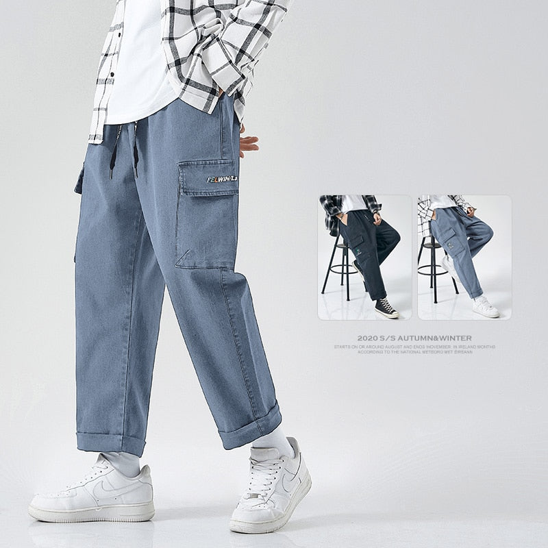 Hip Hop Cargo Pants Men Fashion Harajuku Harem Pant Streetwear Casual Joggers Sweatpant Multi-Pocket Men Jean Blue