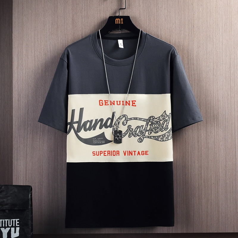 Hip Hop Loose Mens Streetwear T-shirts Casual Classic Summer Short Sleeves Patchwork Print Tshirt Tees Oversize 2353 No Necklace B
