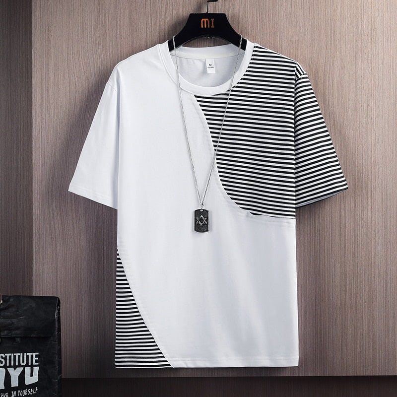 Hip Hop Loose Mens Streetwear T-shirts Casual Classic Summer Short Sleeves Patchwork Tshirt Tees Plus Oversize 2355 No Necklace 1