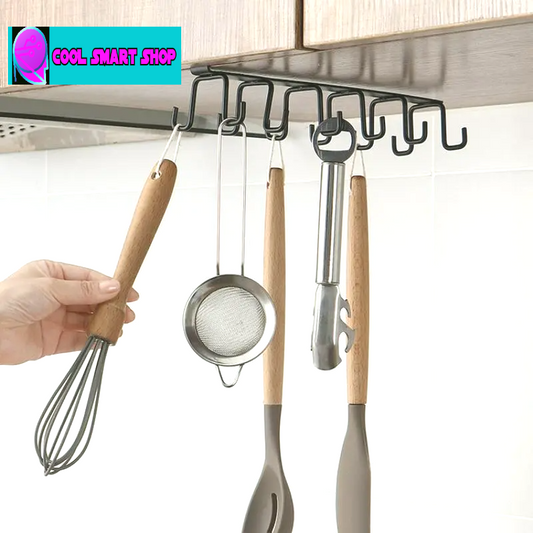 Hot Kitchen Double-row Hook Hanging Cup Holder Household Punch-free Wall Cabinet Hook Spatula Rack Cup Storage Wrought Iron Hook