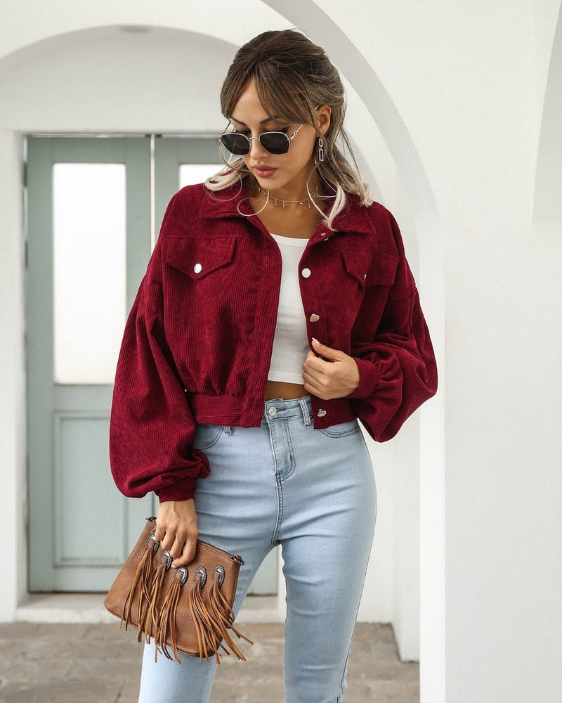 Jackets for Women Lantern Sleeve Cropped Bomber Jacket Overcoat Outwear Fashion Spring Vintage Corduroy Autumn Winter Coat Burgundy