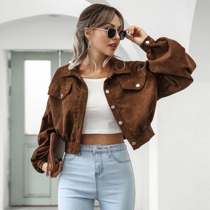 Jackets for Women Lantern Sleeve Cropped Bomber Jacket Overcoat Outwear Fashion Spring Vintage Corduroy Autumn Winter Coat Auburn